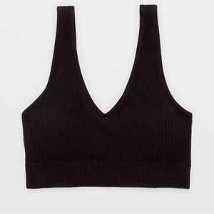 Aerie Real Good Black Ribbed Deep V Crop Top XS